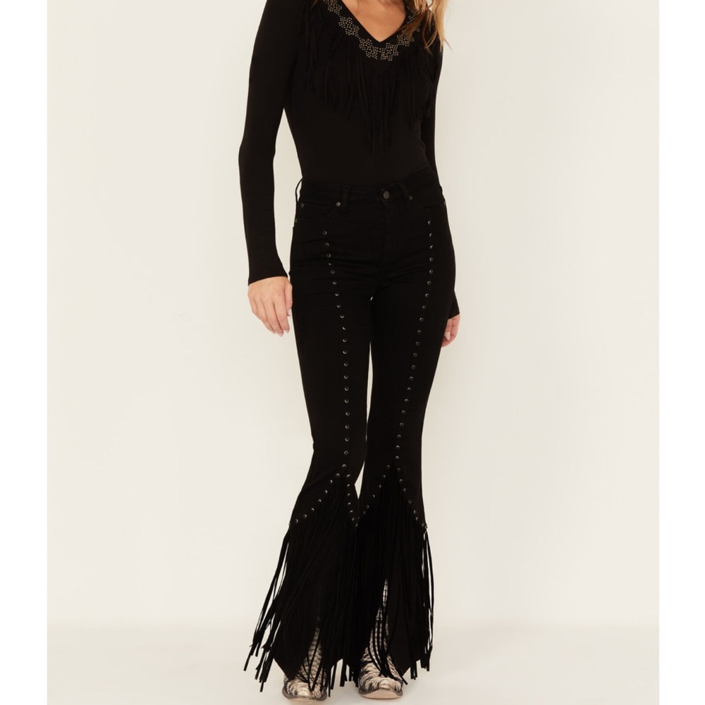 IDYLLWIND WOMEN'S FRINGE & EMBELLISHED HIGH RISIN' STRETCH FLARE JEANS